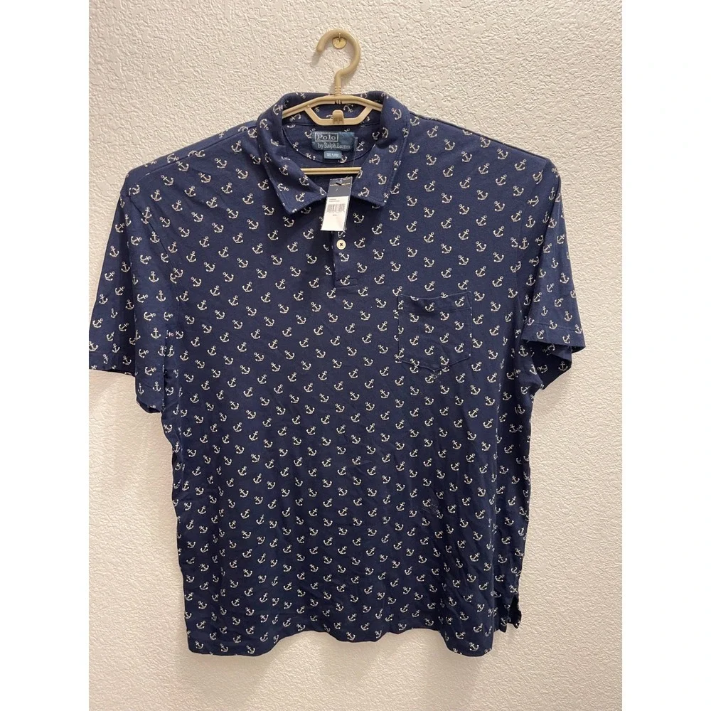 Polo Ralph Lauren Men XXL Navy Blue Anchor Print Polo NWT Classics02 Pocket